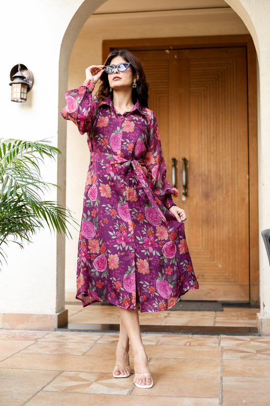 Floral Charm Belted Midi Dress – Plum Rose Print