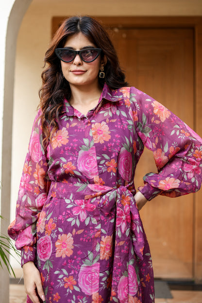 Floral Charm Belted Midi Dress – Plum Rose Print