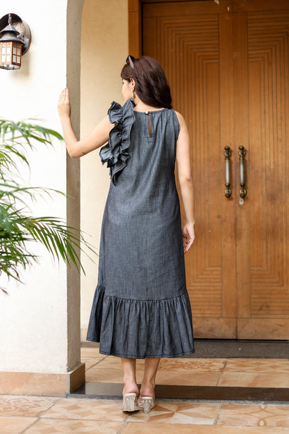 One-Shoulder Ruffle Detail Midi Dress – Charcoal Grey