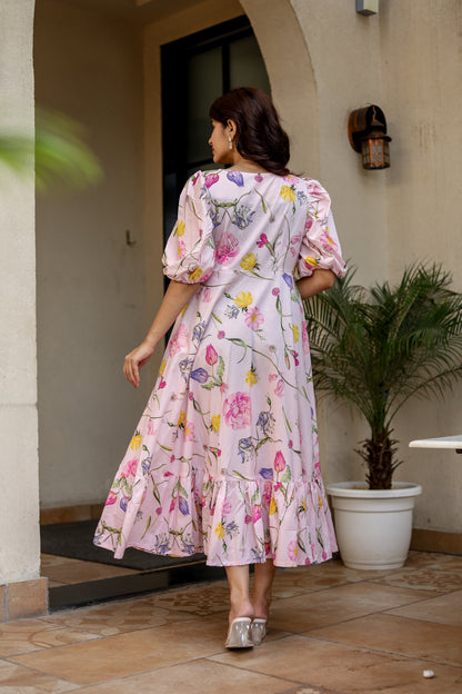 Blush Pink Floral Midi Dress – Effortless Elegance