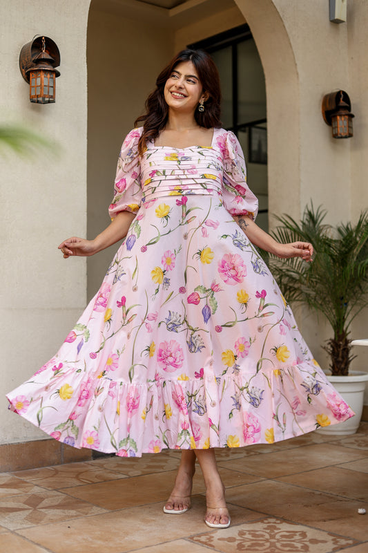 Blush Pink Floral Midi Dress – Effortless Elegance