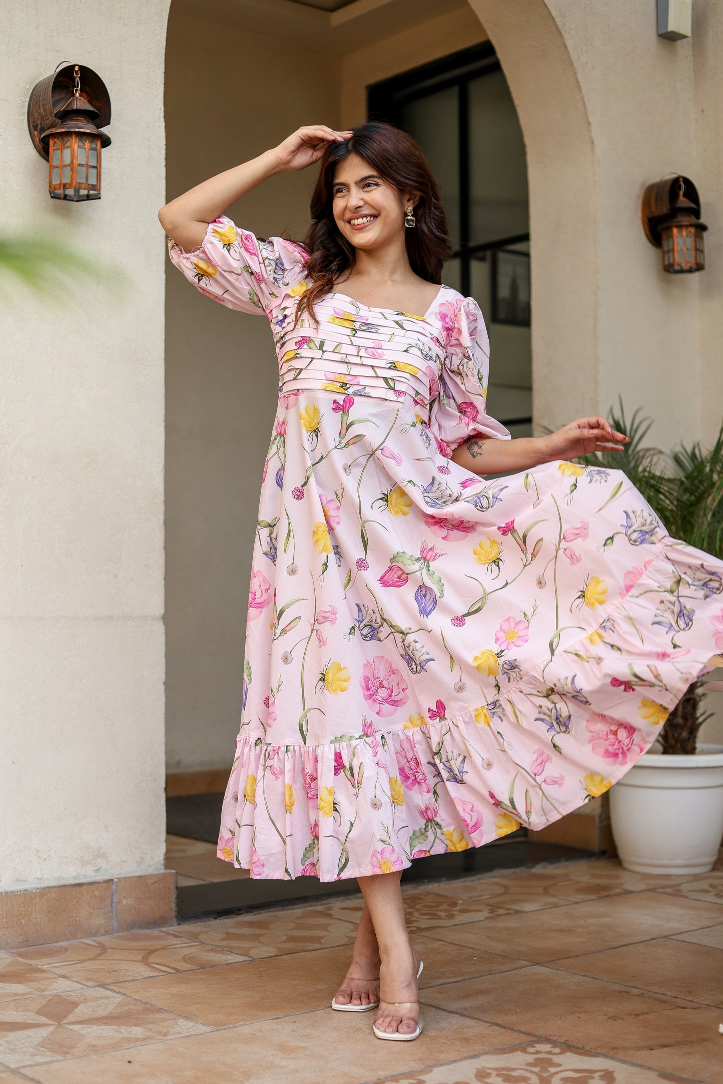 Blush Pink Floral Midi Dress – Effortless Elegance