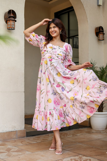 Blush Pink Floral Midi Dress – Effortless Elegance