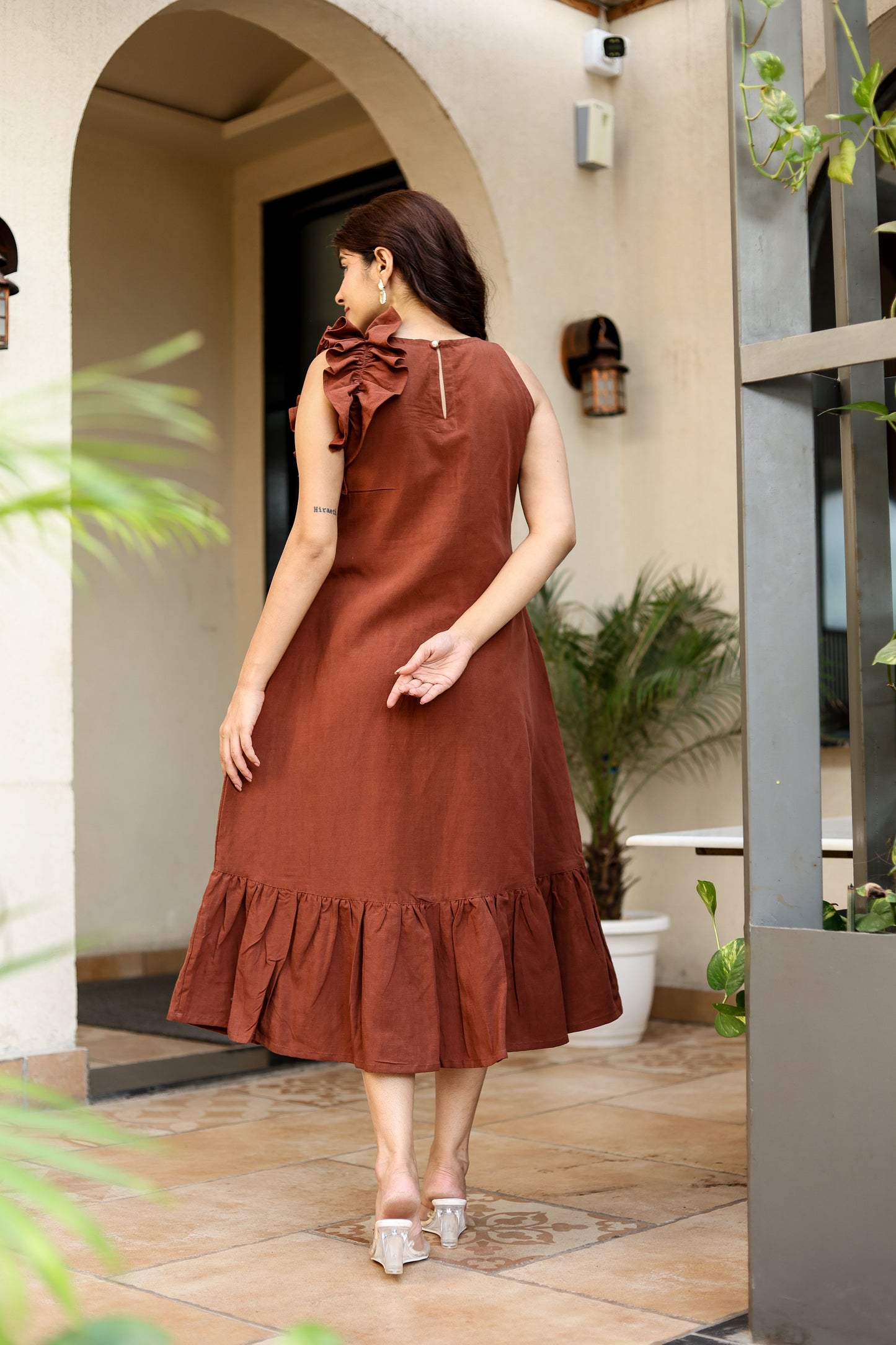 Rust Brown Ruffle Midi Dress – Minimal Chic