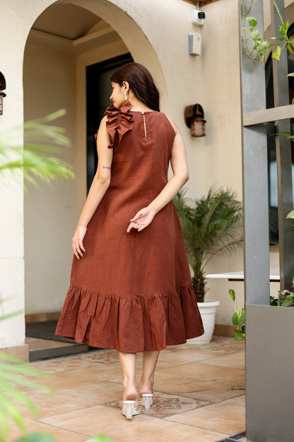 Rust Brown Ruffle Midi Dress – Minimal Chic