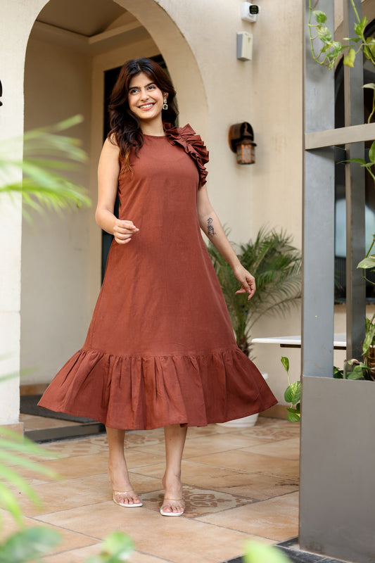 Rust Brown Ruffle Midi Dress – Minimal Chic