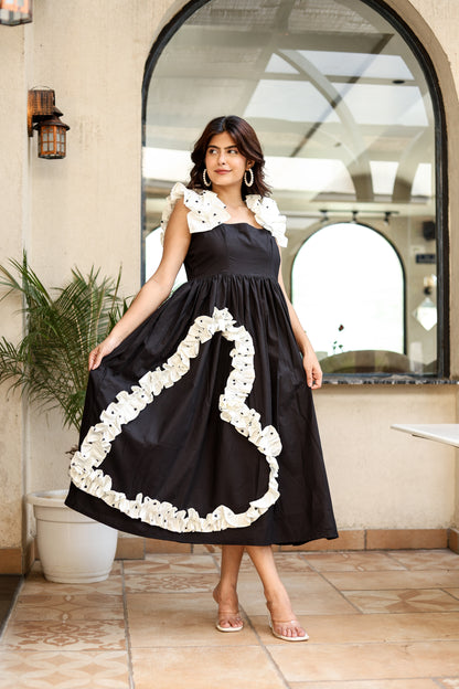 Black & White Contrast Ruffle Midi Dress – Statement Style