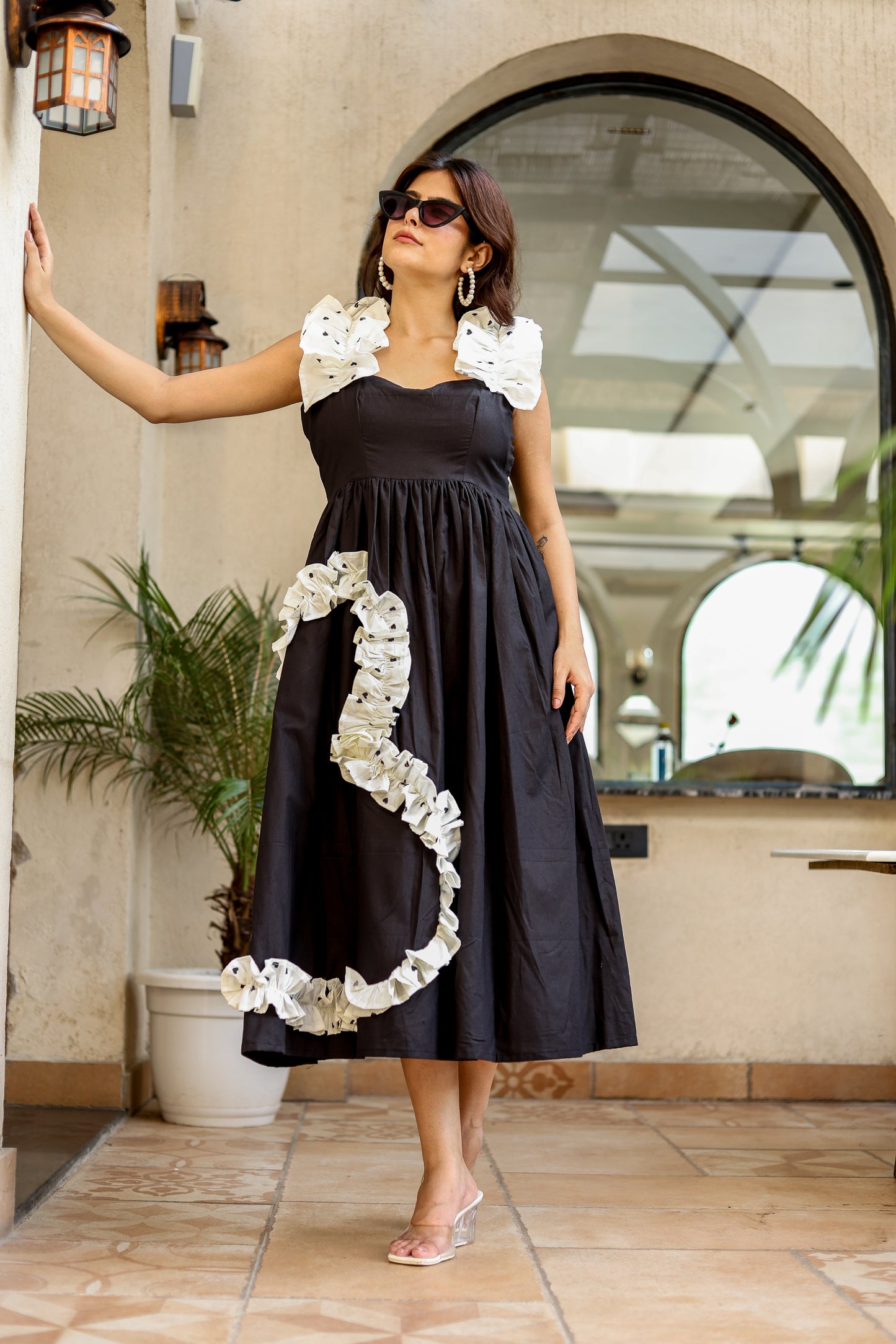 Black & White Contrast Ruffle Midi Dress – Statement Style