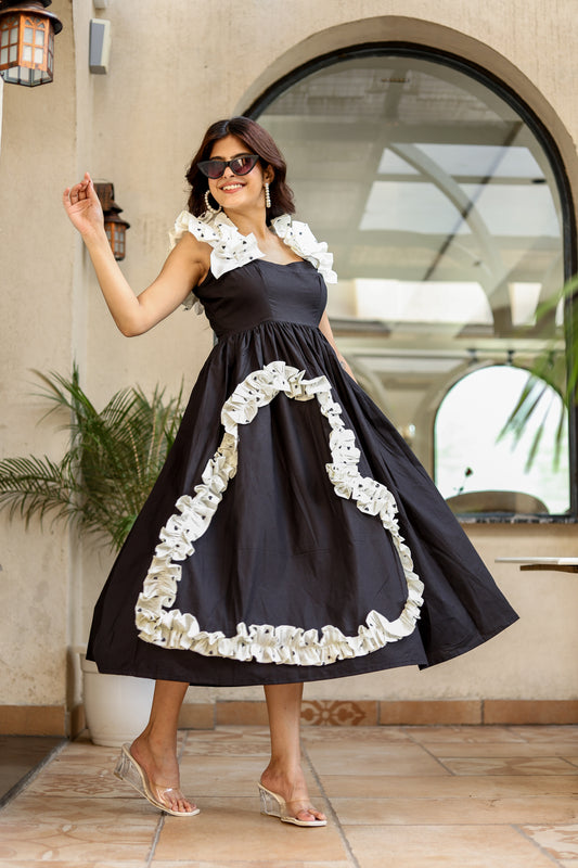 Black & White Contrast Ruffle Midi Dress – Statement Style