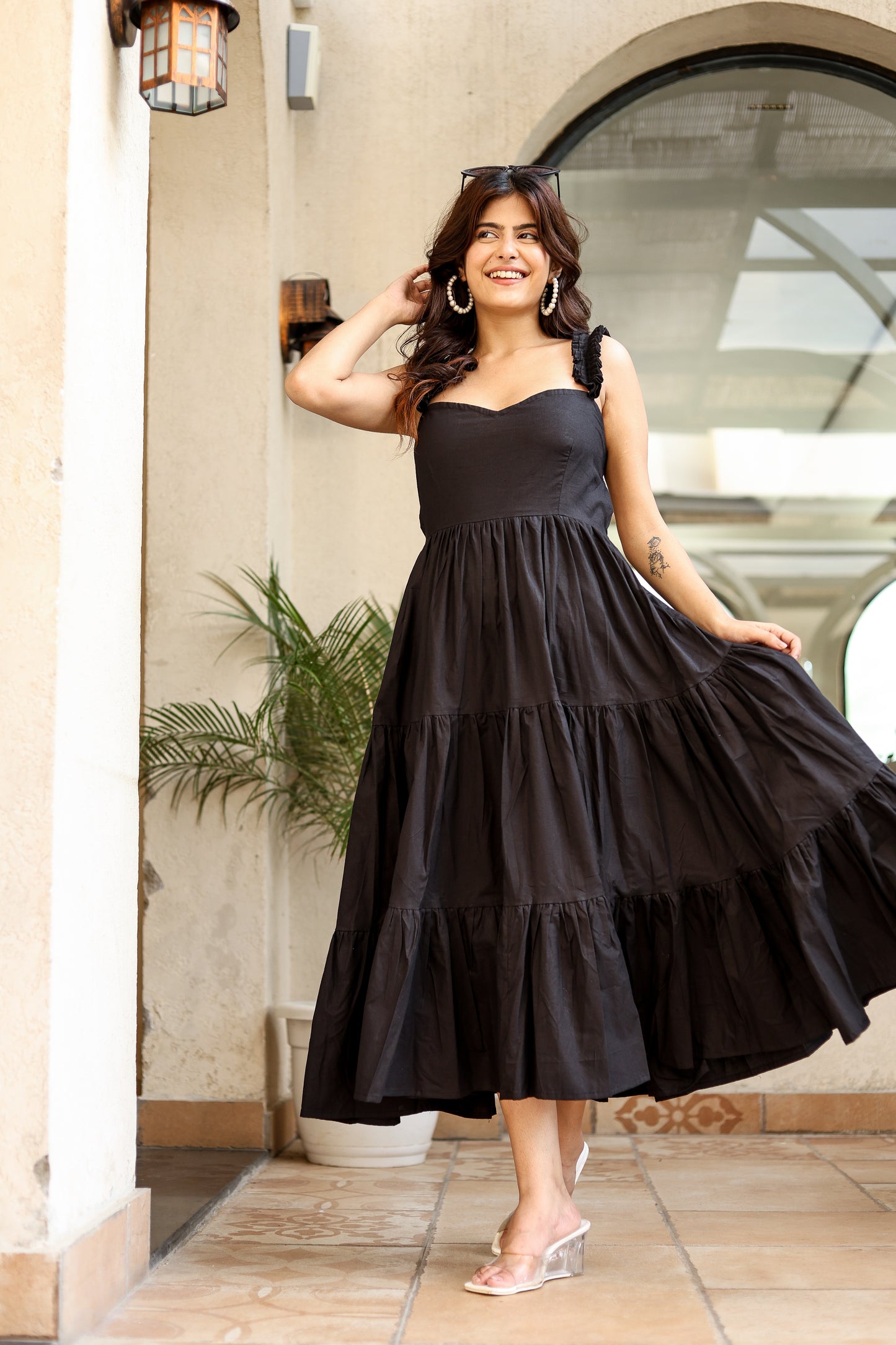 Black Tiered Ruffle Strap Dress – Modern Glam