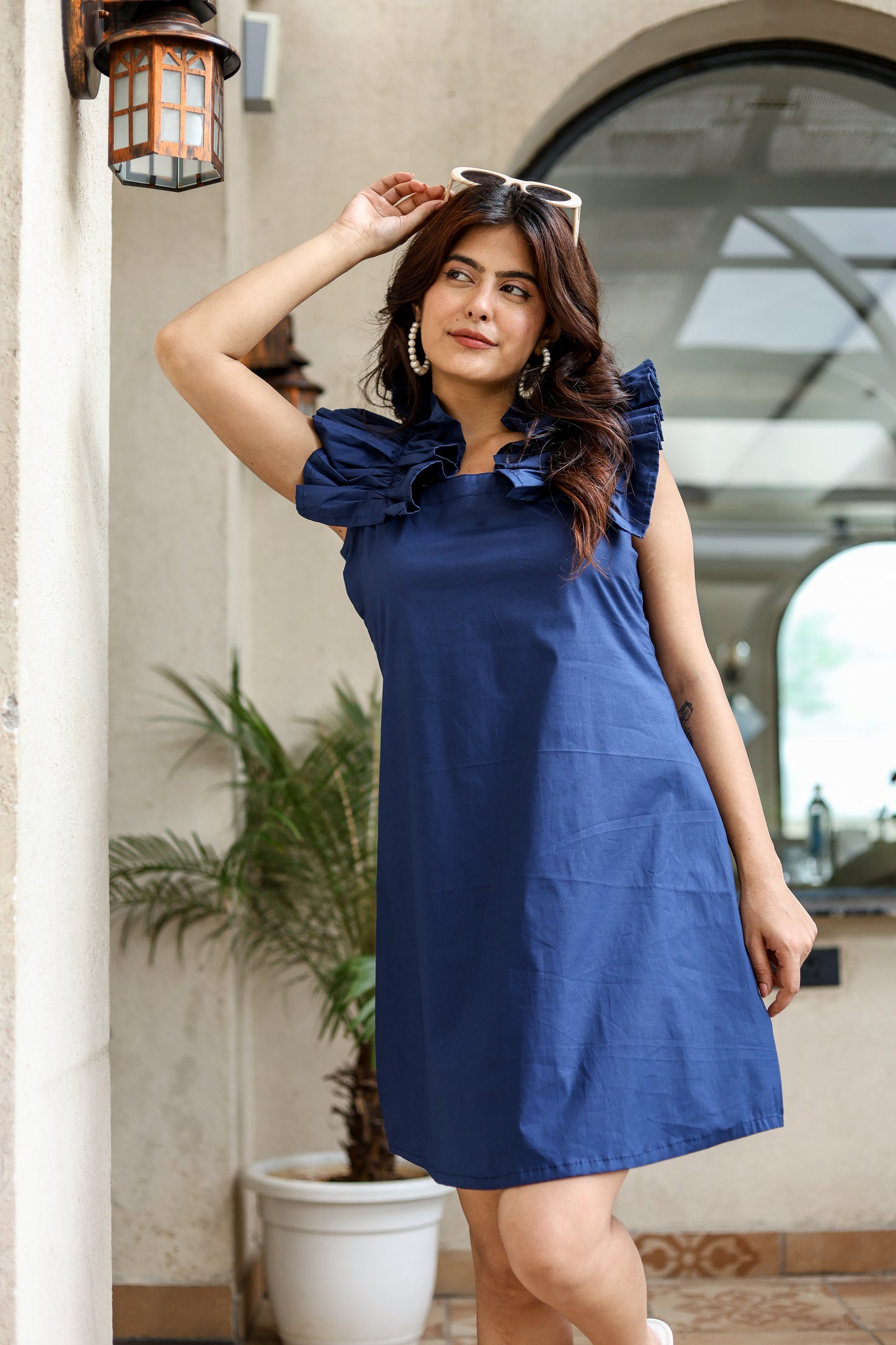 Navy Blue Ruffle Shoulder Mini Dress – Chic & Bold