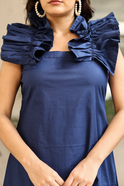 Navy Blue Ruffle Shoulder Mini Dress – Chic & Bold