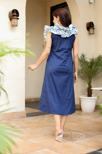 Navy Blue Printed Ruffle Shoulder Dress – Contemporary Chic