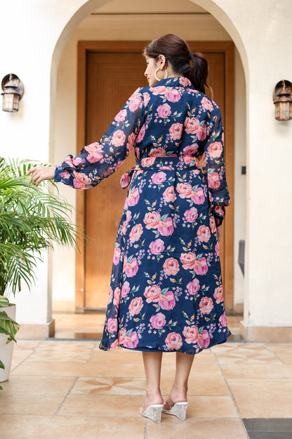 Navy Floral Belted Midi Dress – Romantic Charm