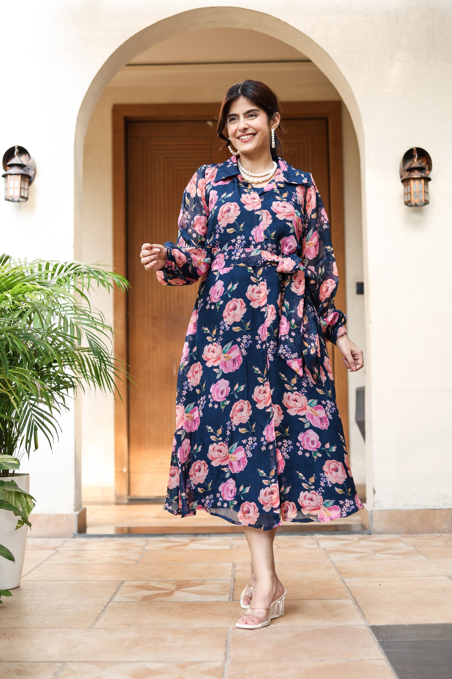 Navy Floral Belted Midi Dress – Romantic Charm