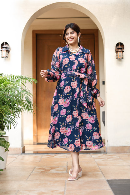 Navy Floral Belted Midi Dress – Romantic Charm
