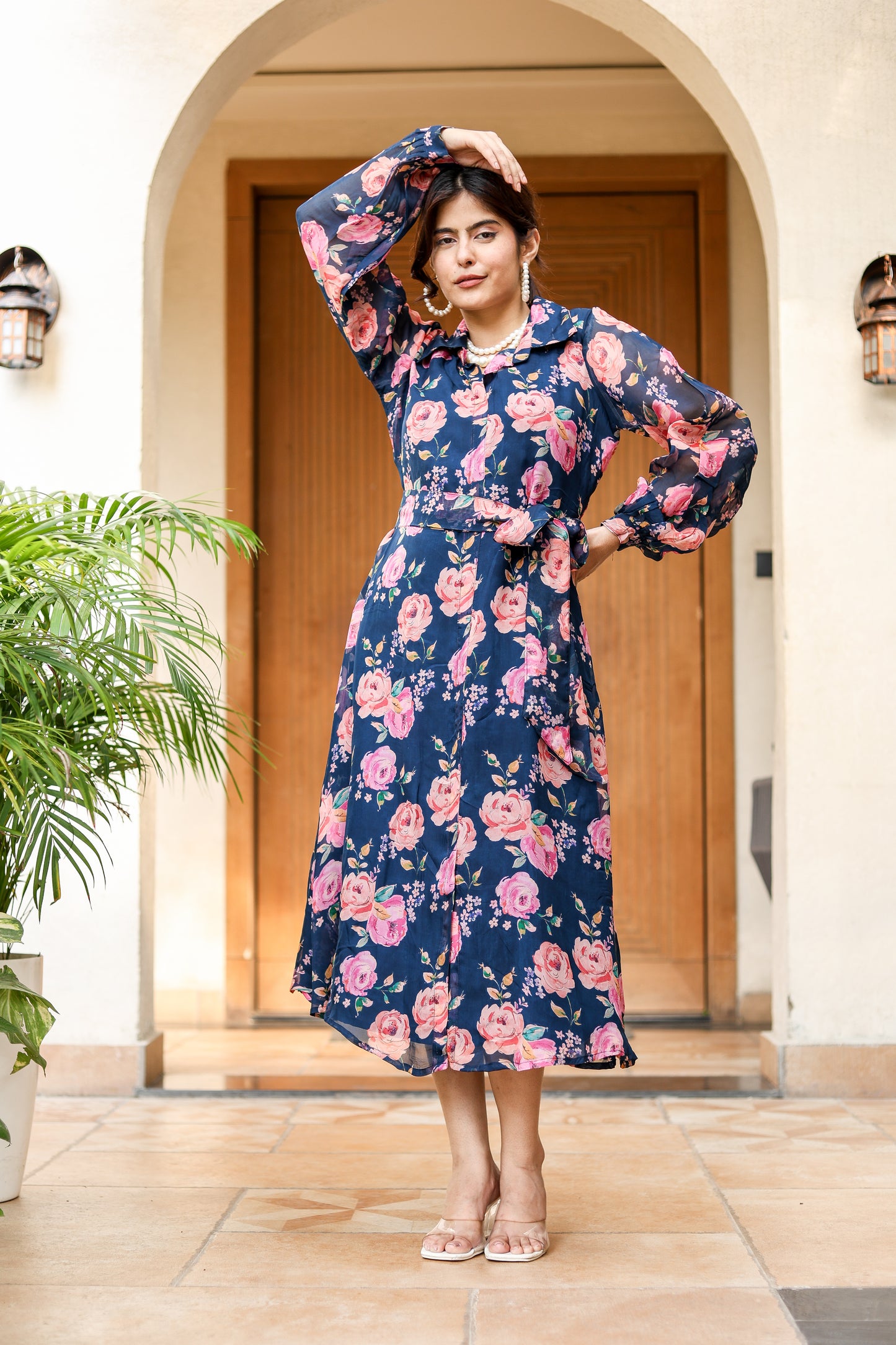 Navy Floral Belted Midi Dress – Romantic Charm