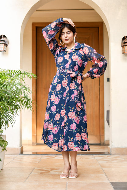 Navy Floral Belted Midi Dress – Romantic Charm