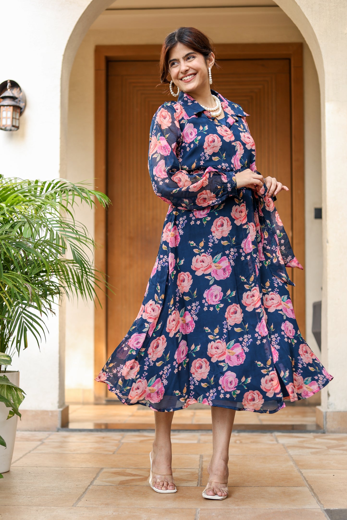 Navy Floral Belted Midi Dress – Romantic Charm