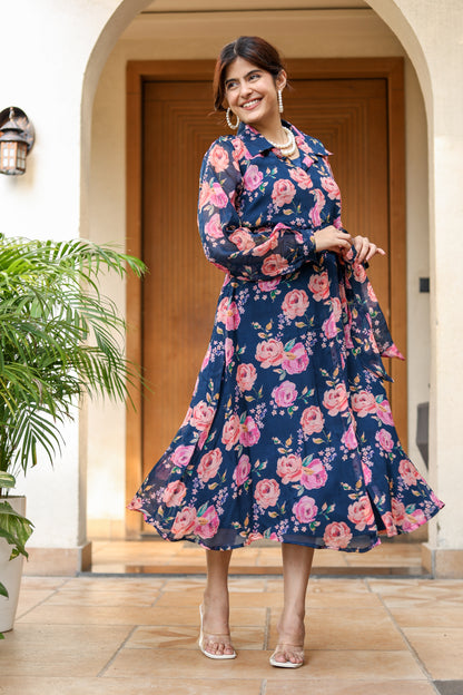 Navy Floral Belted Midi Dress – Romantic Charm