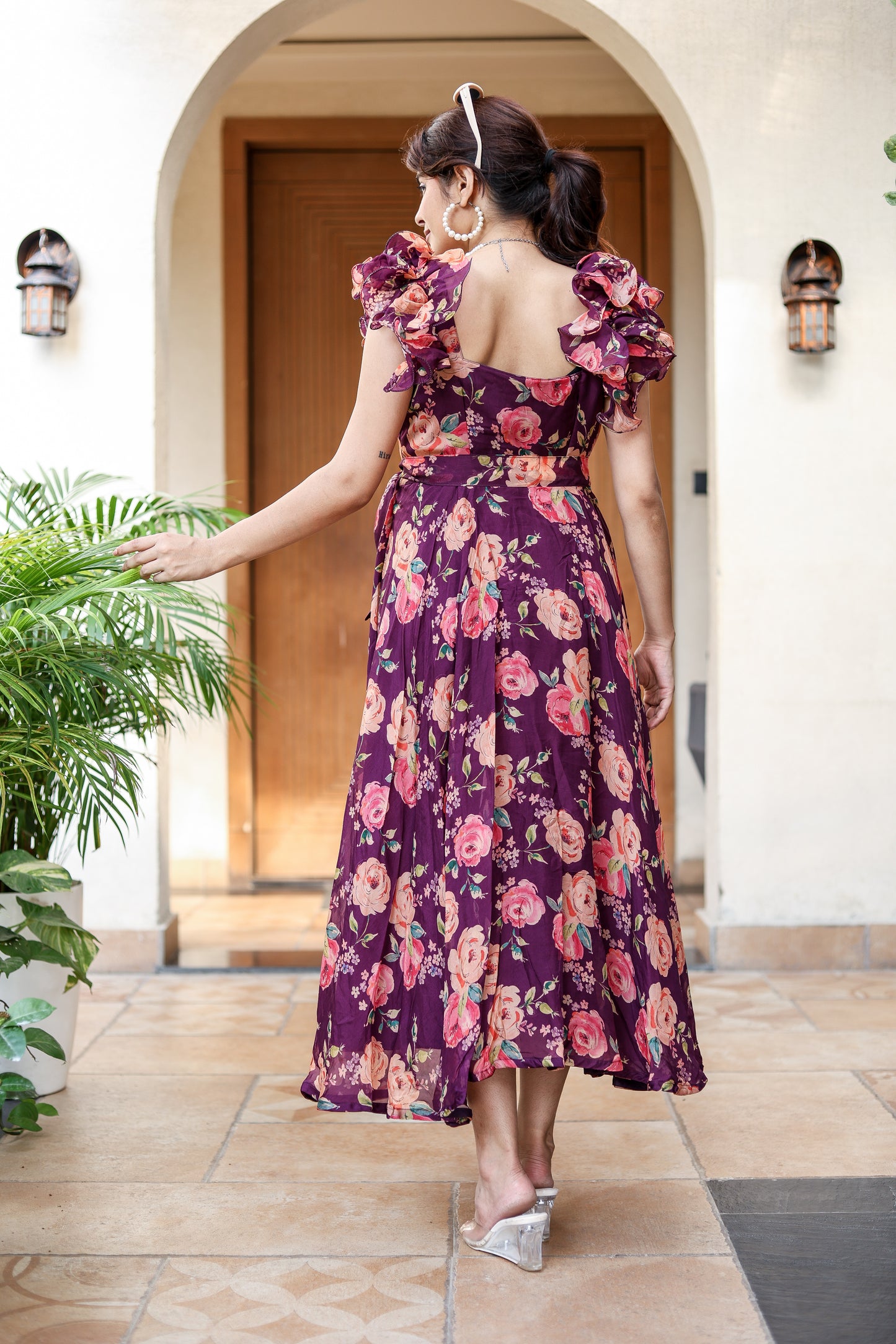 Plum Floral Ruffle Sleeve Dress – Elegant & Playful