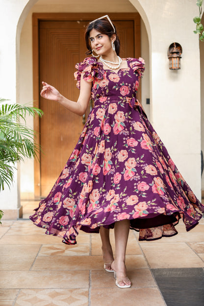 Plum Floral Ruffle Sleeve Dress – Elegant & Playful
