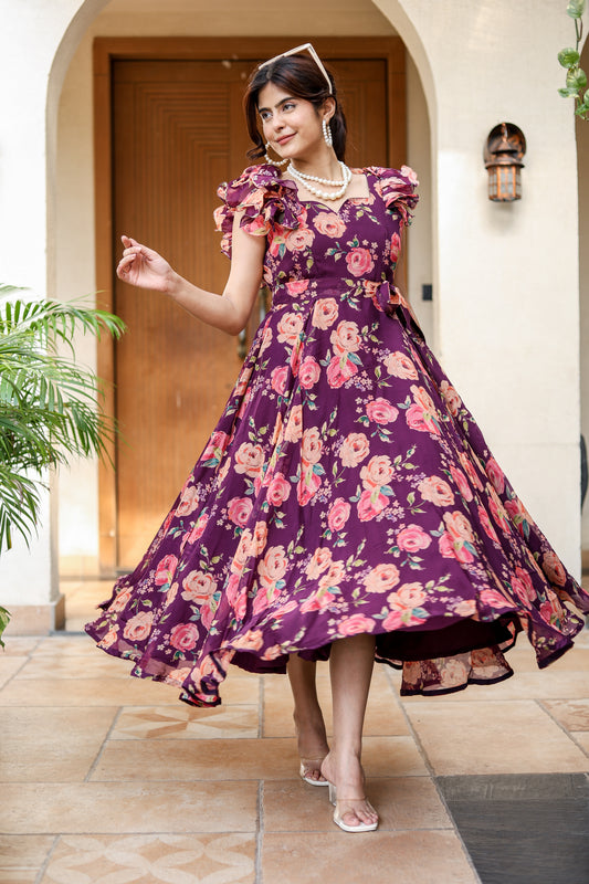 Plum Floral Ruffle Sleeve Dress – Elegant & Playful