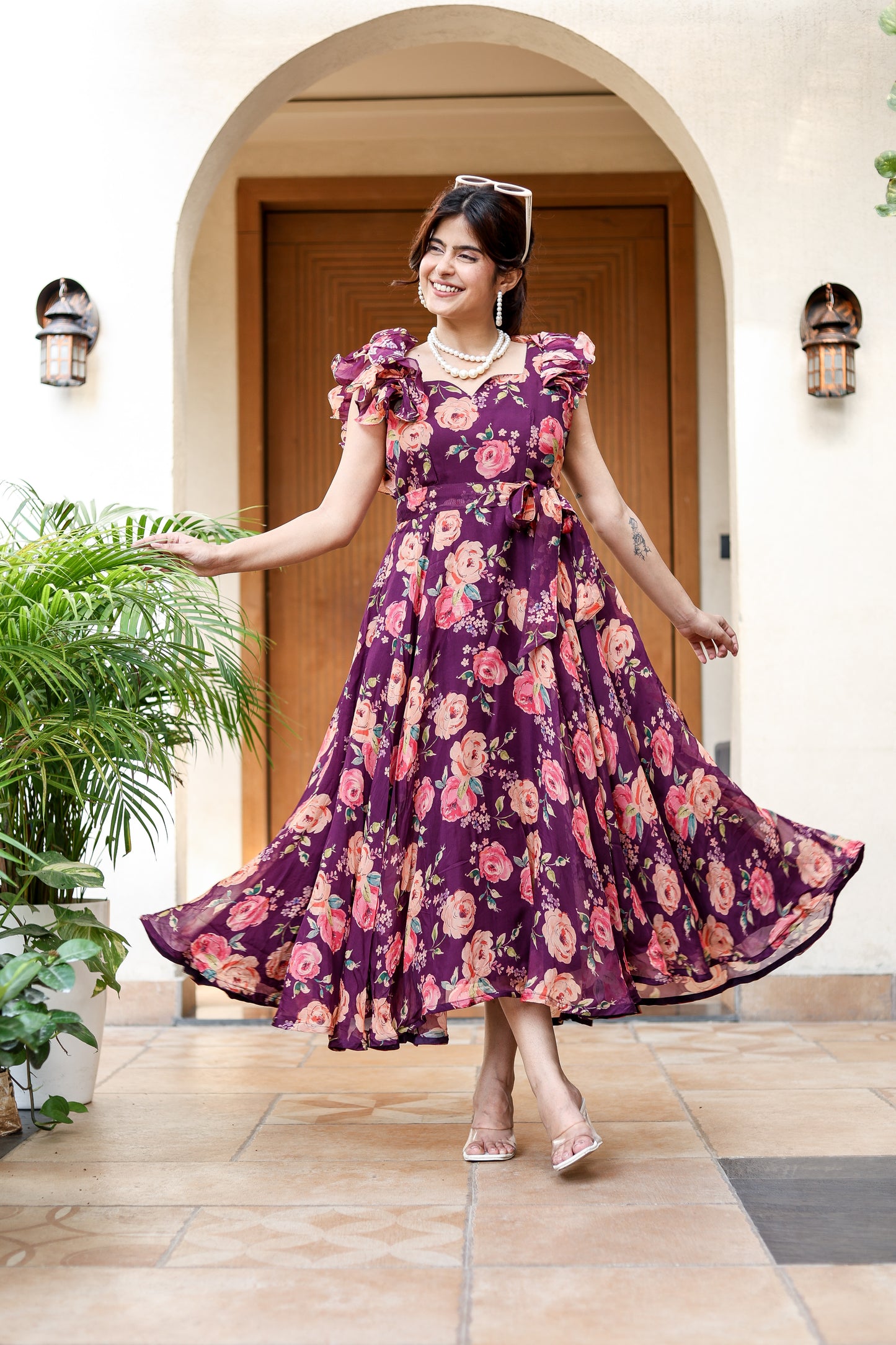 Plum Floral Ruffle Sleeve Dress – Elegant & Playful