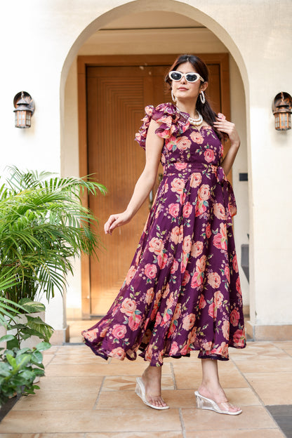 Plum Floral Ruffle Sleeve Dress – Elegant & Playful