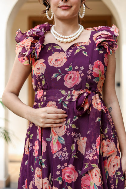 Plum Floral Ruffle Sleeve Dress – Elegant & Playful