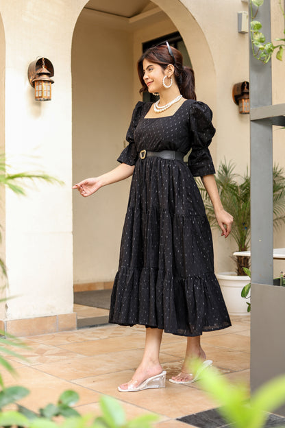 Black Belted Tiered Midi Dress – Classic Sophistication