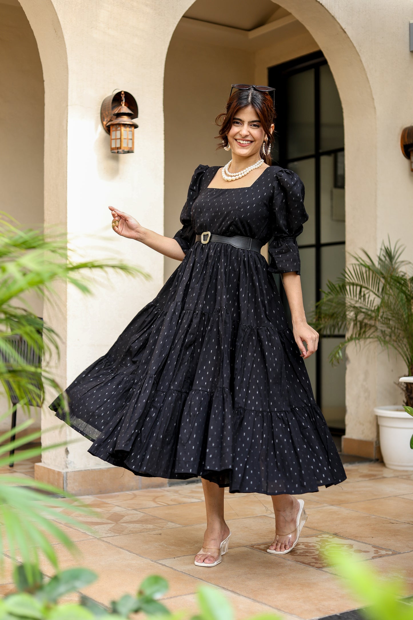 Black Belted Tiered Midi Dress – Classic Sophistication