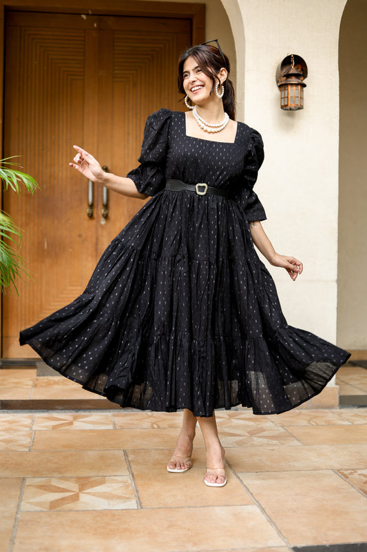 Black Belted Tiered Midi Dress – Classic Sophistication