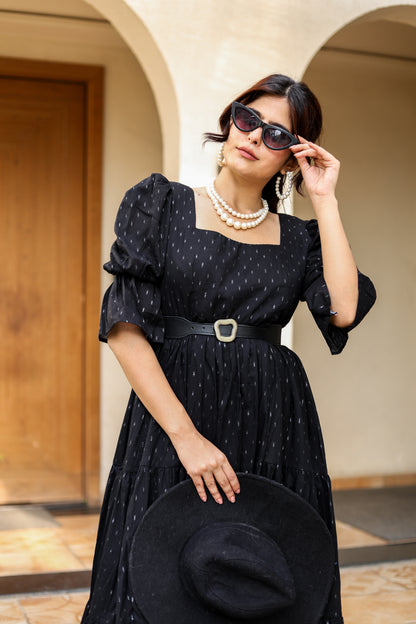 Black Belted Tiered Midi Dress – Classic Sophistication