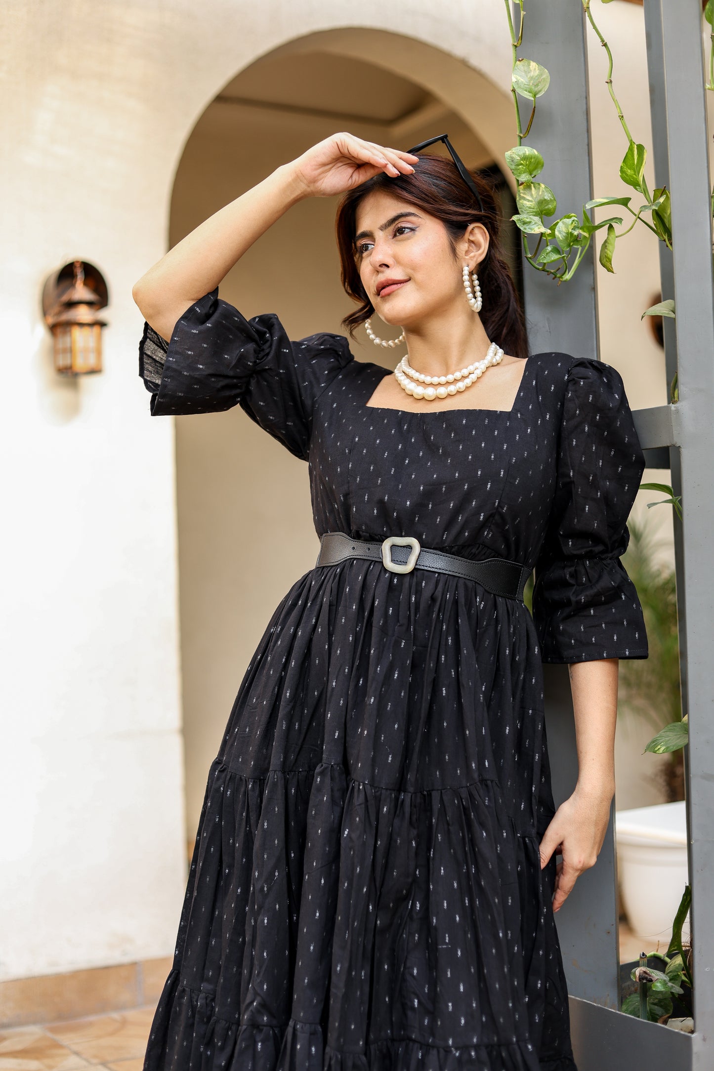 Black Belted Tiered Midi Dress – Classic Sophistication