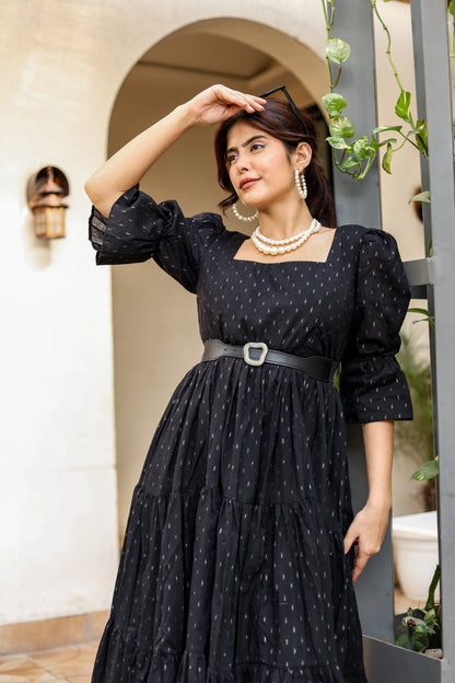 Black Belted Tiered Midi Dress – Classic Sophistication