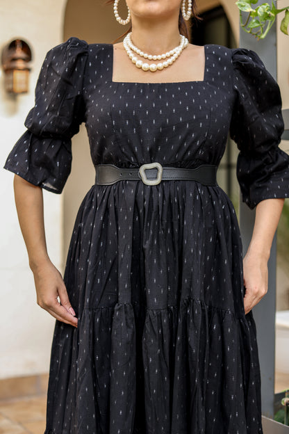 Black Belted Tiered Midi Dress – Classic Sophistication