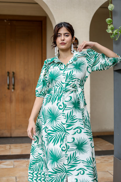 Green Tropical Print Midi Dress – Fresh & Breezy