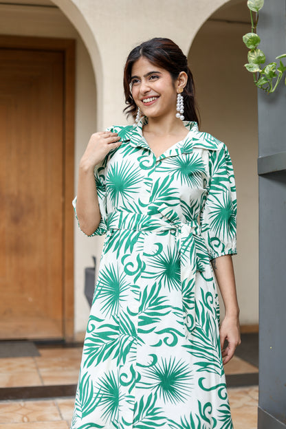 Green Tropical Print Midi Dress – Fresh & Breezy