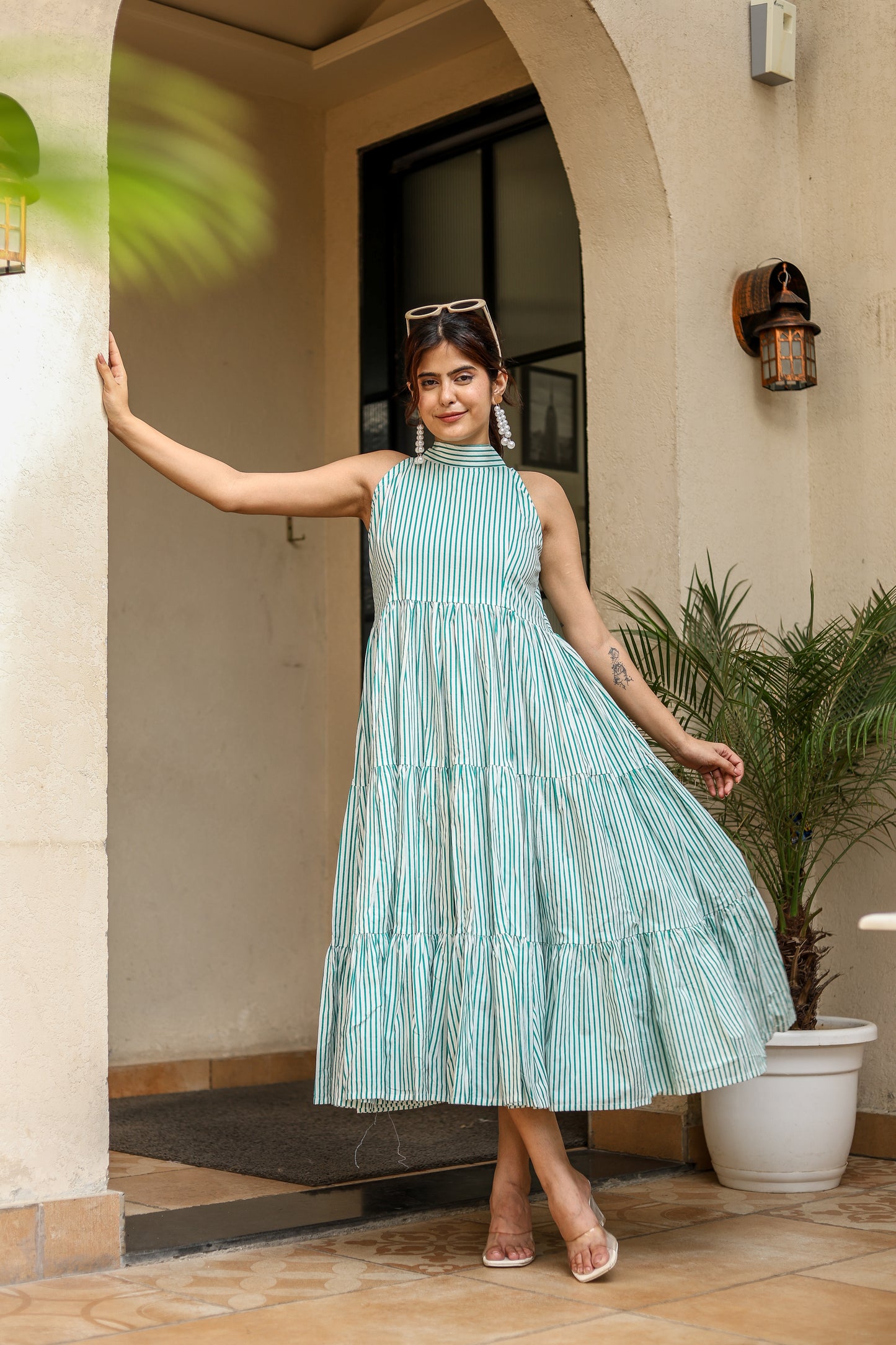 Green Striped Halter Neck Bow Dress – Chic & Breezy