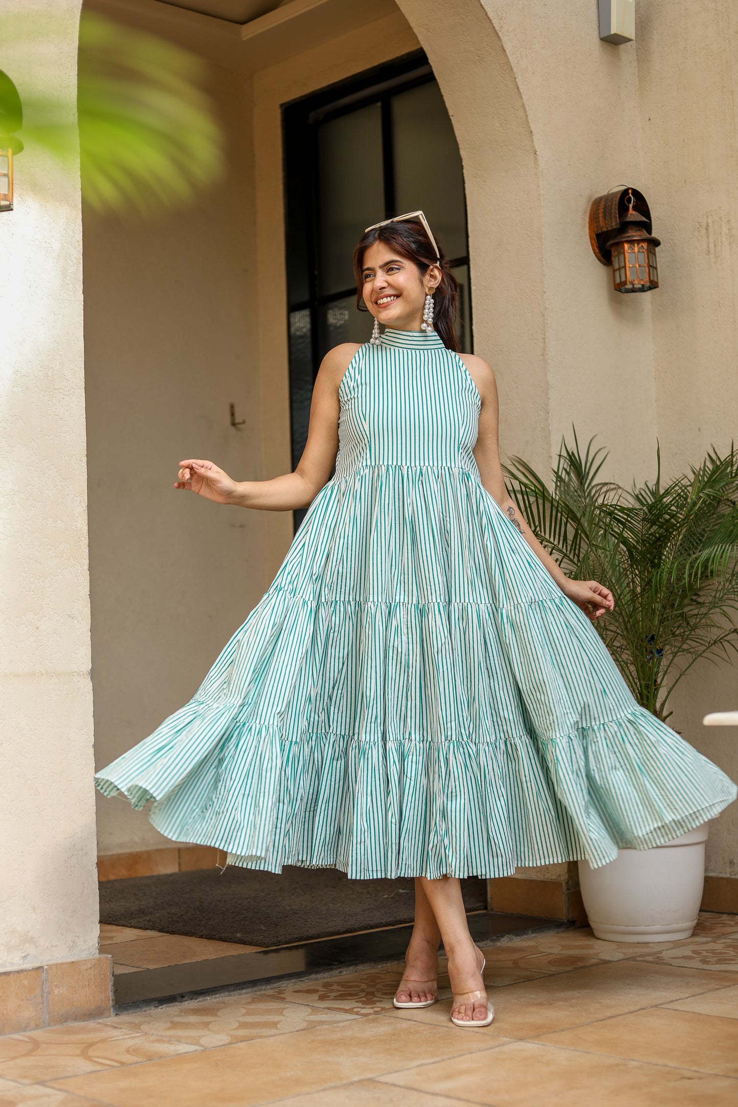 Green Striped Halter Neck Bow Dress – Chic & Breezy