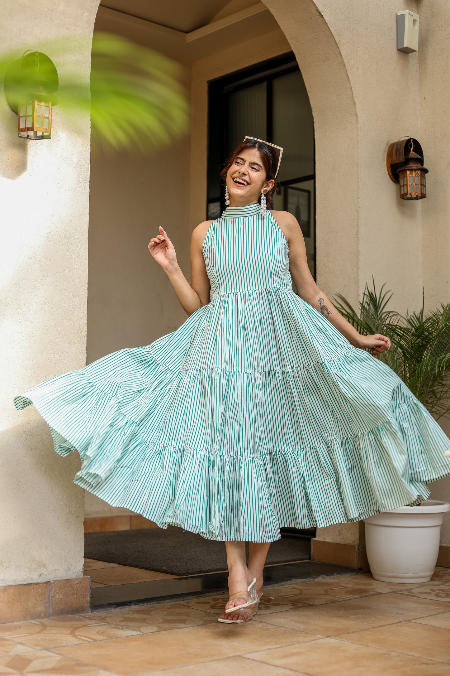 Green Striped Halter Neck Bow Dress – Chic & Breezy