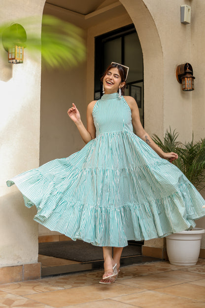 Green Striped Halter Neck Bow Dress – Chic & Breezy