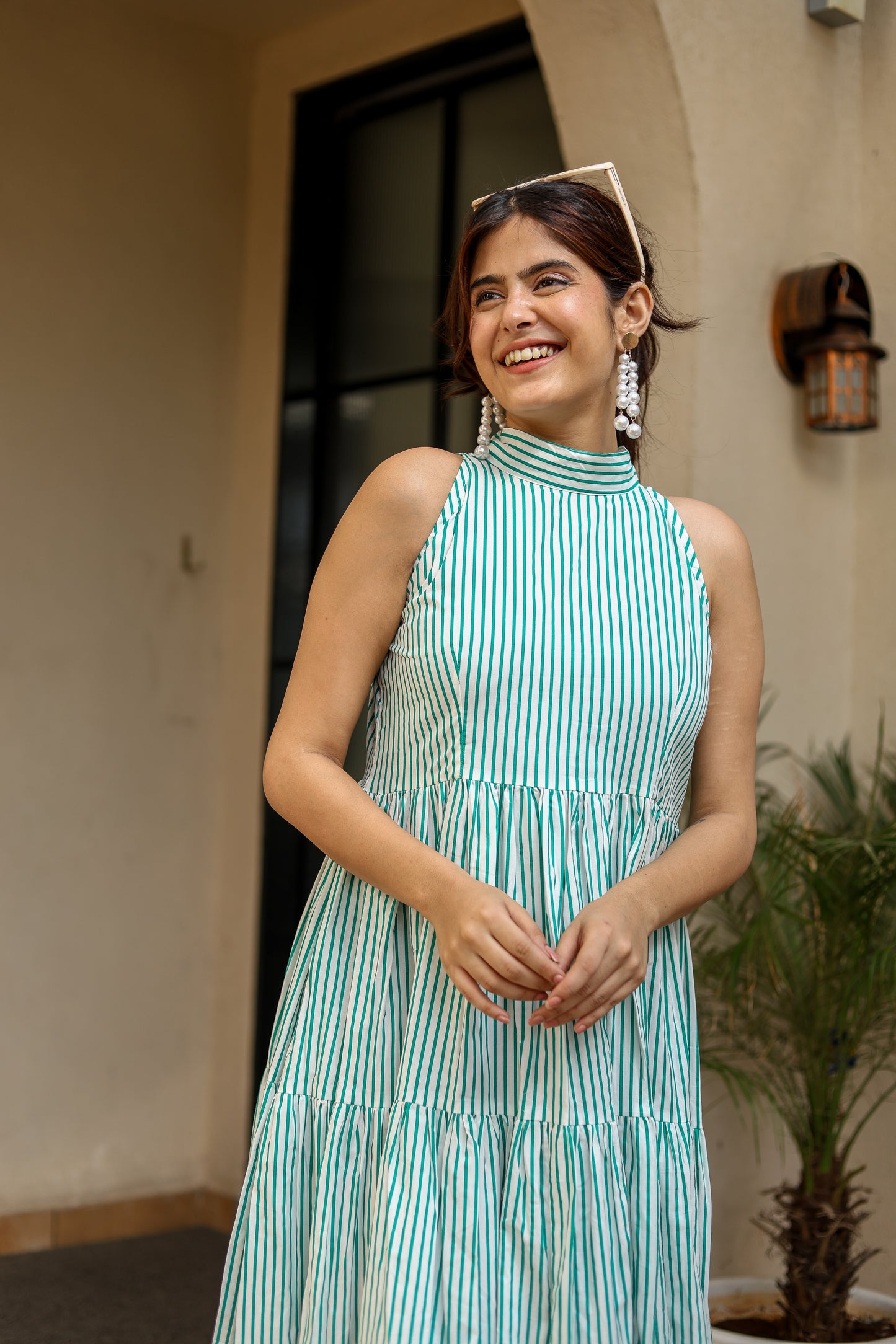 Green Striped Halter Neck Bow Dress – Chic & Breezy