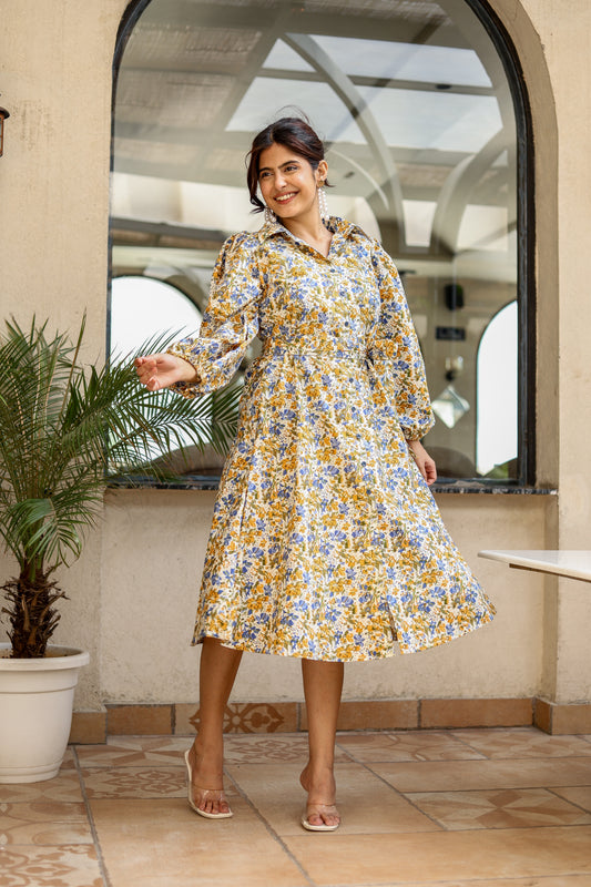 Golden Bloom Floral Midi Dress – Elegant Everyday Charm