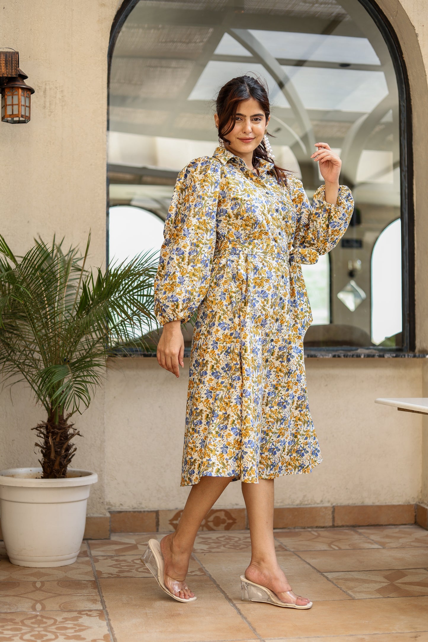 Golden Bloom Floral Midi Dress – Elegant Everyday Charm