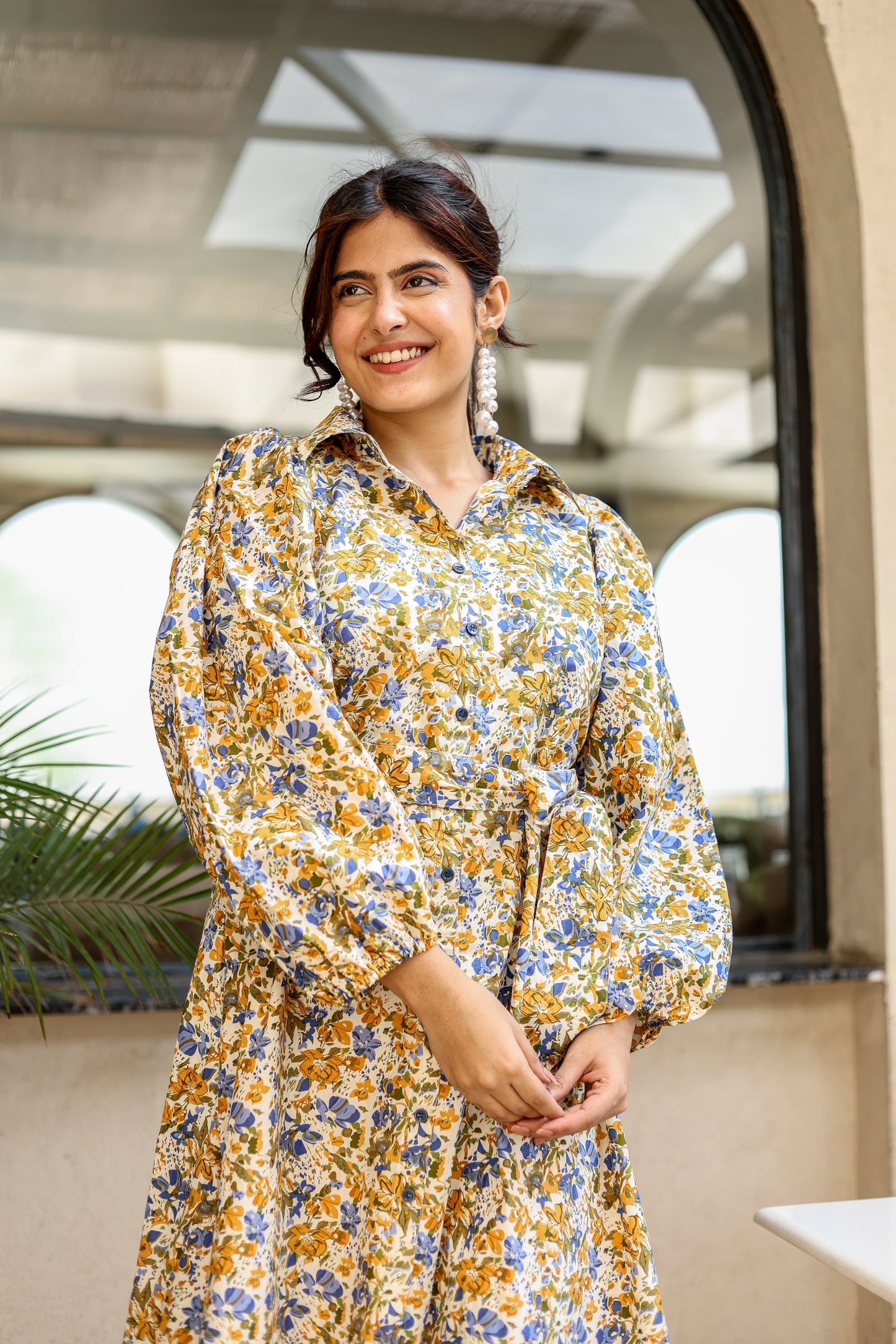 Golden Bloom Floral Midi Dress – Elegant Everyday Charm