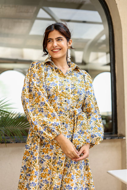 Golden Bloom Floral Midi Dress – Elegant Everyday Charm