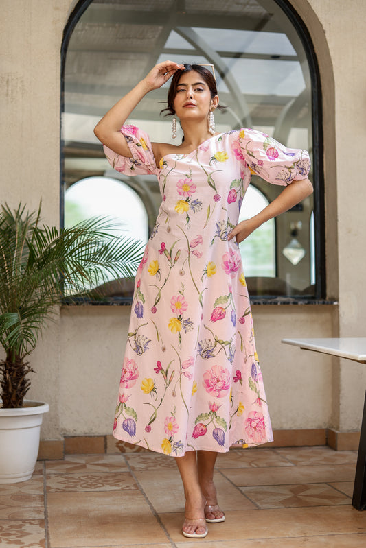 Pink Floral One-Shoulder Midi Dress – Blooming Charm