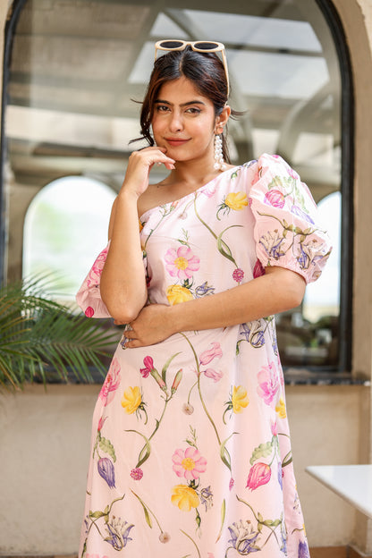 Pink Floral One-Shoulder Midi Dress – Blooming Charm